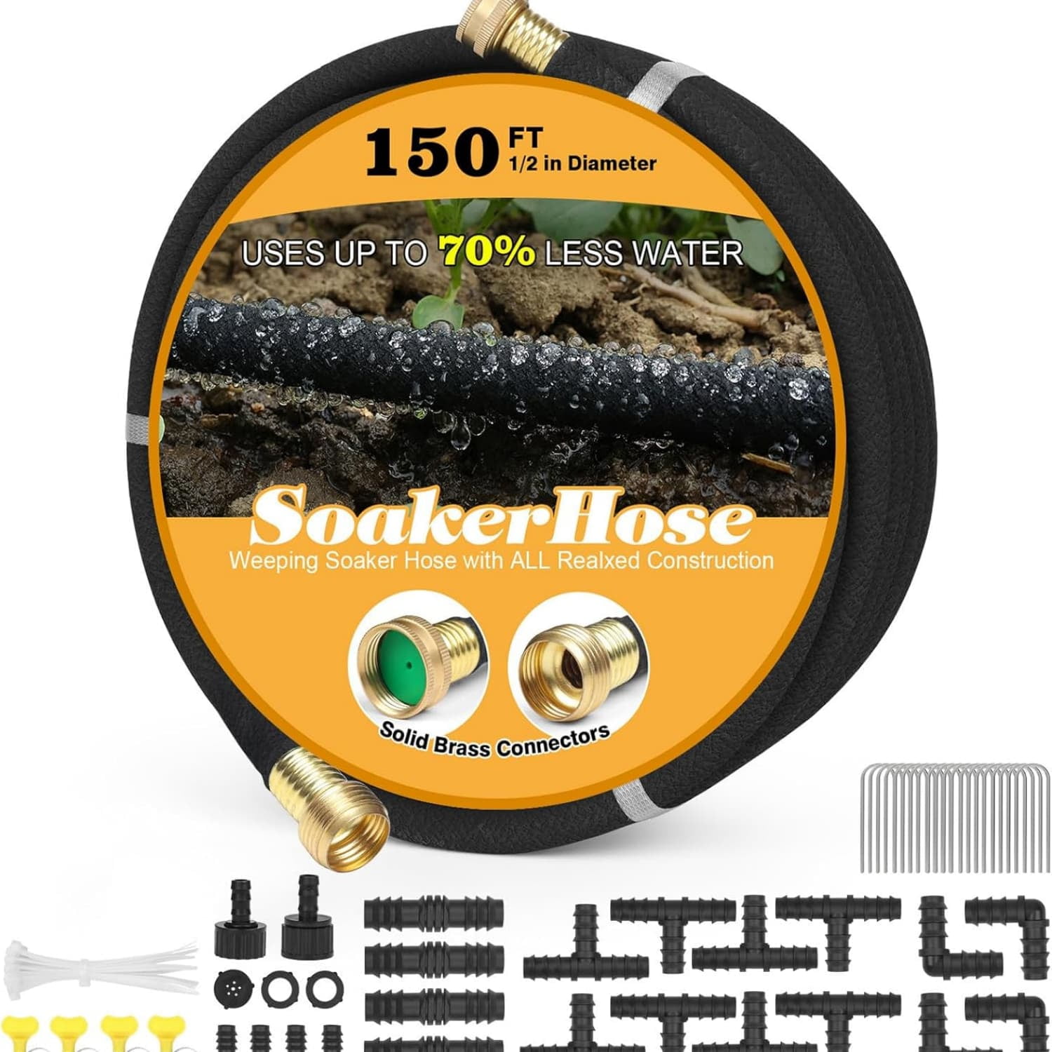 Hose 150ft for Garden Beds Solid Brass Interface Irrigation Save 70% Water Heavy Duty Rubber 1/2" Diameter Great for gardens/flower beds Accessories Contain Various Connections