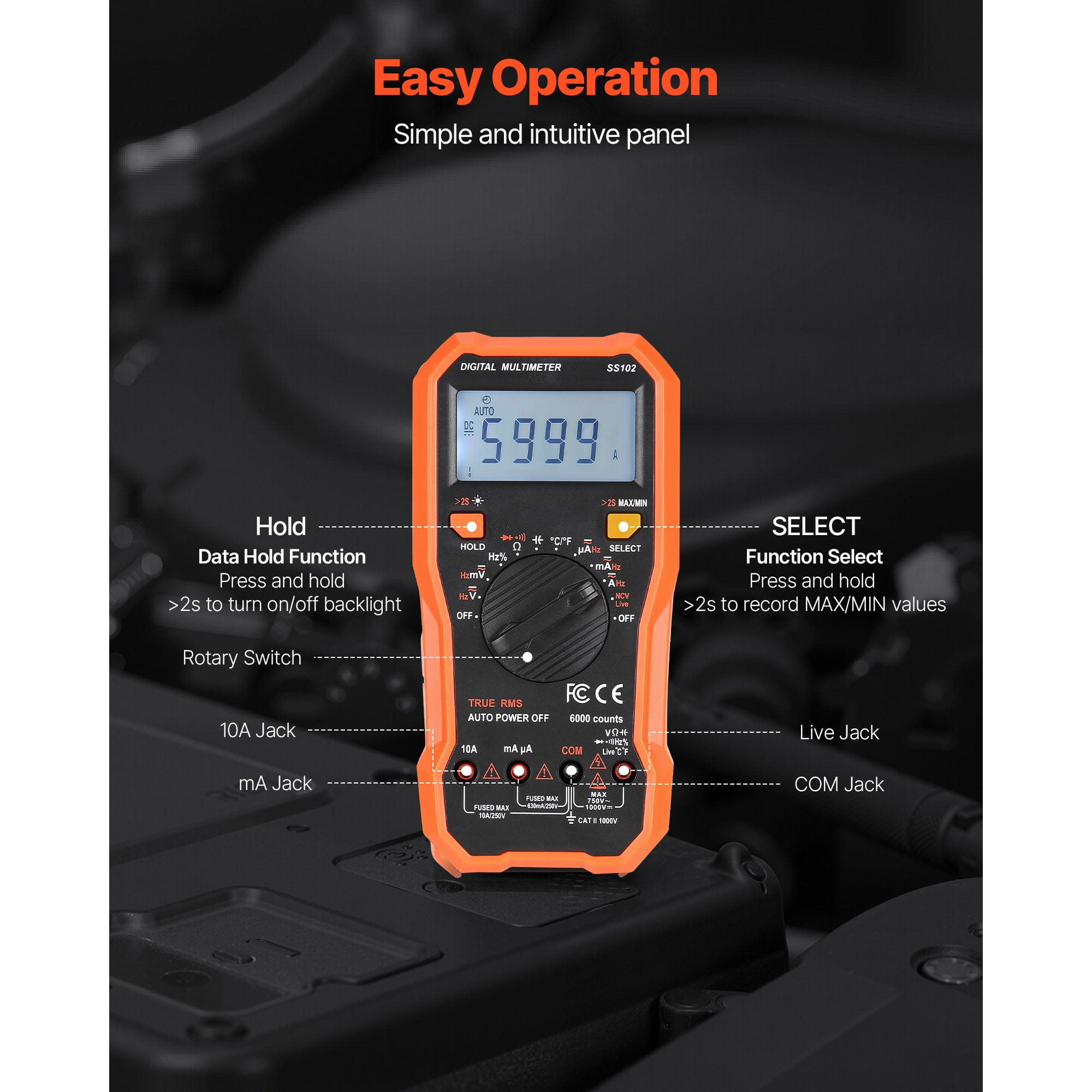 KFFKFF Digital Multimeter, 6000-Count TRMS AC/DC Voltage and Current Tester, Professional NCV Meter for Measuring Voltage, Current, Resistance, Capacitance, Temperature, Diodes, Continuity