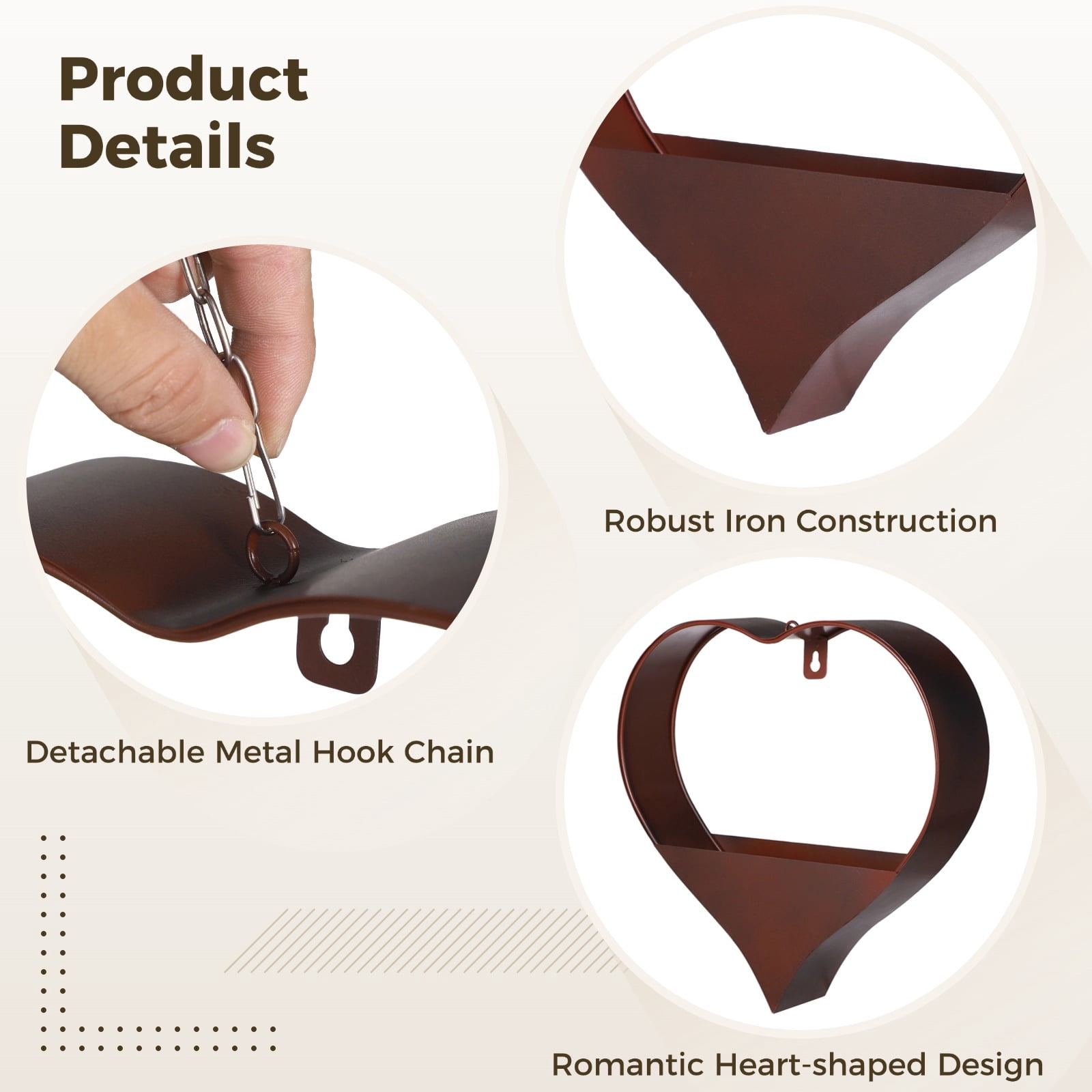 2 Pcs Heart-Shaped Metal Hanging Planters, Plant Hangers with Detachable Hooks and Chains, Rustic Coated Plant Stands for Indoor and Outdoor Use