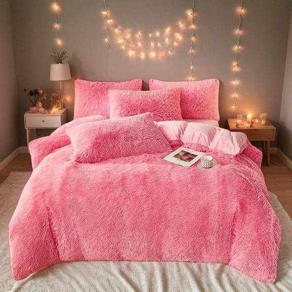 Dark Pink Fluffy Faux Fur Duvet Cover Three-piece Set , Luxury Ultra Soft Shaggy Plush Bedding Set, Fuzzy Comforter Cover with 2 Furry Pillow Cases, Zipper Closure,Cozy and Warm,QUEEN/KING Sizes