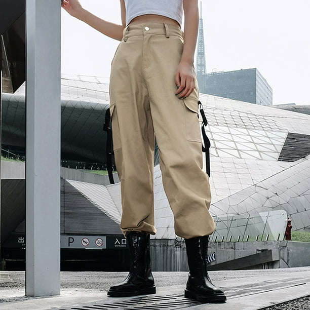 Fashion Women Long Pants Solid Waist Pocket Strap Side Casual Loose Cargo Trousers Streetwear Khaki/Green/Black - Walmart.com