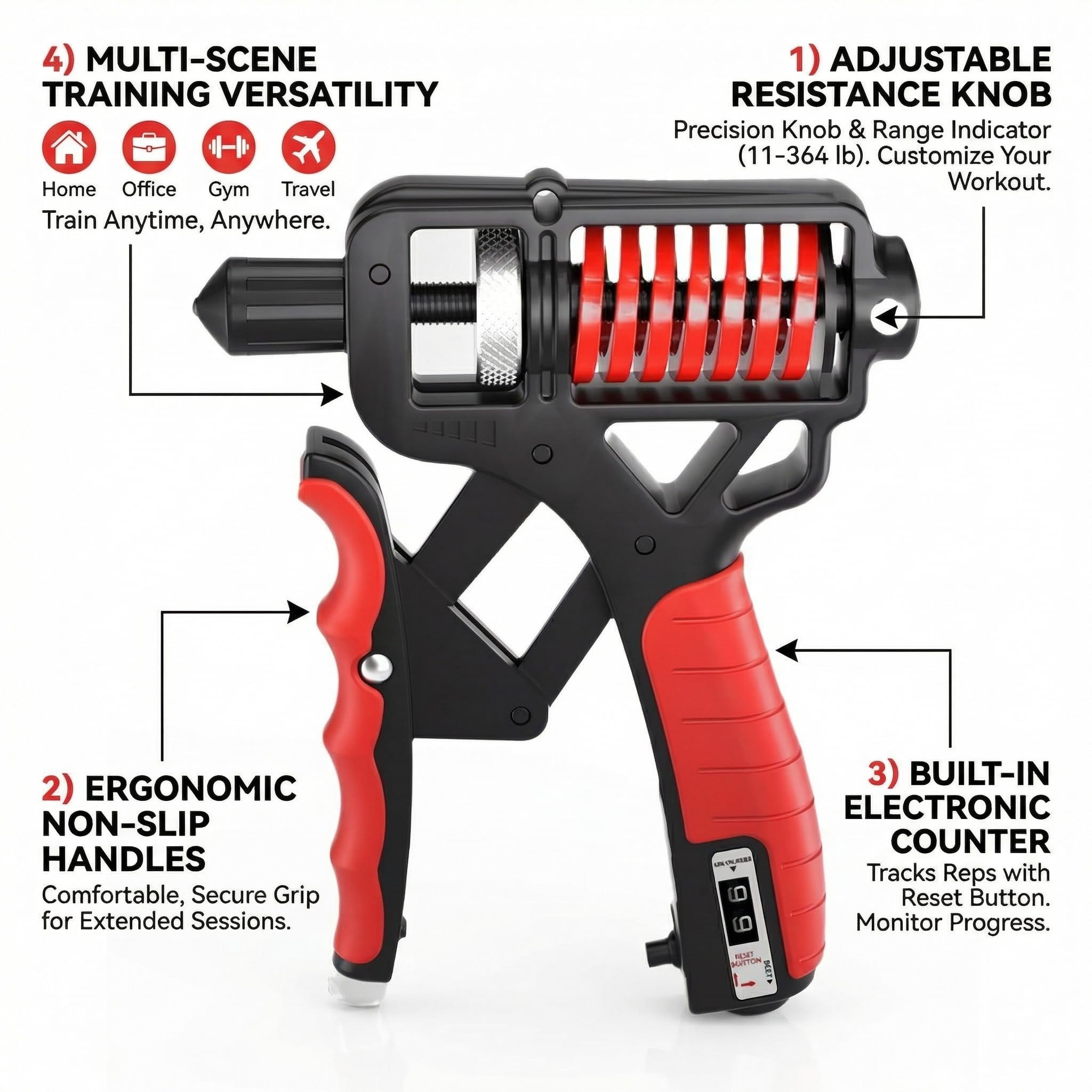 Adjustable Hand Grip Strengthener with Electronic Counter – 11-364LB Non-Slip Handle, Finger Stretcher Grip Ring, Strength Trainer for Home Gym Workout