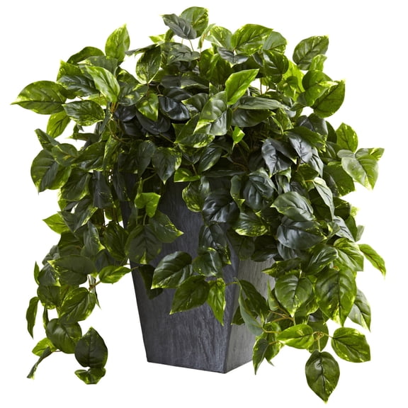 Nearly Natural Home Decor Hanging Pothos with Slate Planter UV Resistant (Indoor - Outdoor)