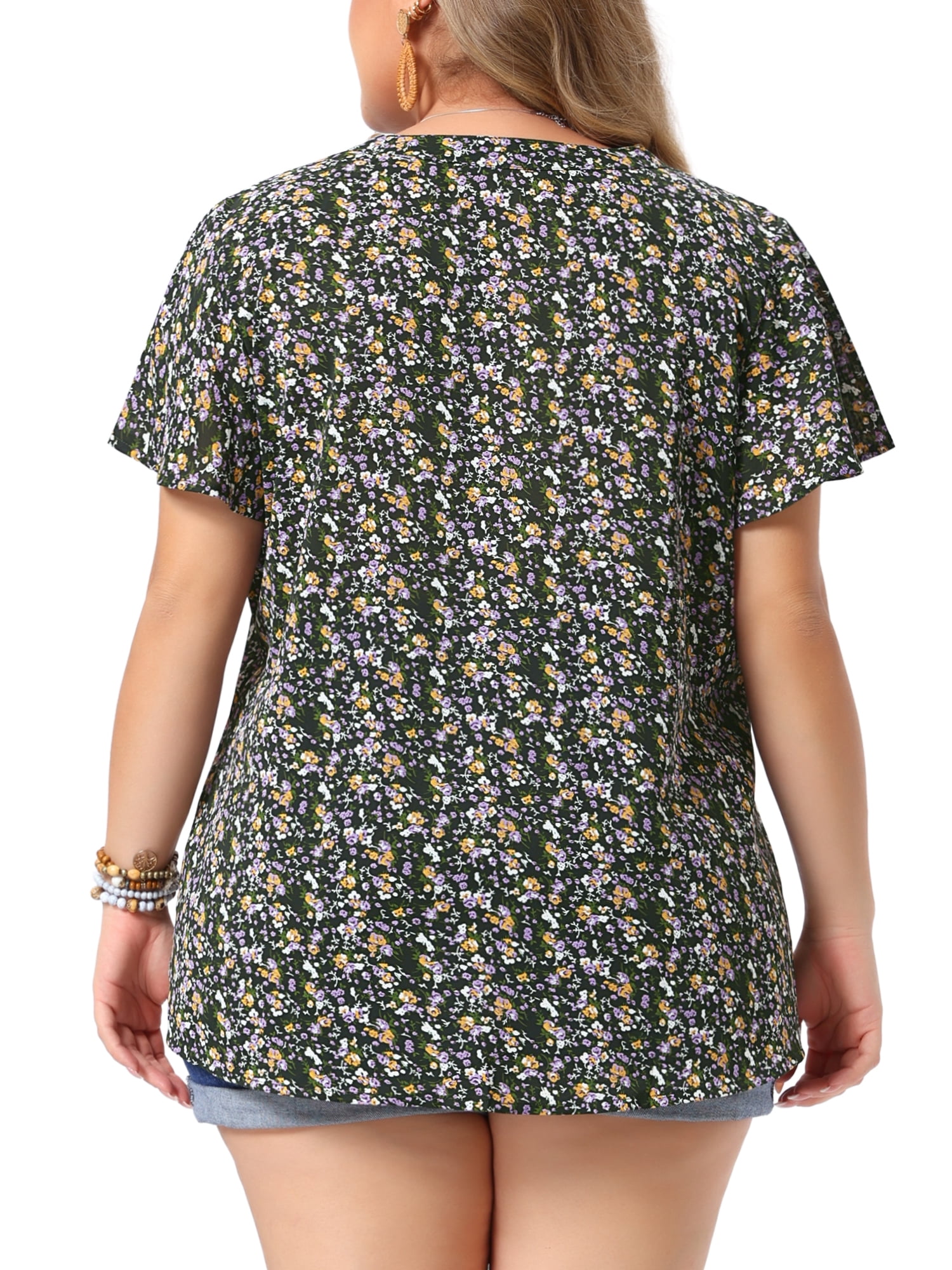 DARING DIVA Women's Plus Size Flare Short Sleeve Button Down Floral Top 1X Black Purple
