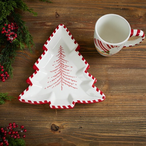 Melrose Pine Tree Ceramic Platter - 11.75" - White and Red - Set of 2
