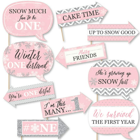 Funny Pink ONEderland - Holiday Snowflake Winter Wonderland Birthday Party Photo Booth Props Kit - 10 Piece