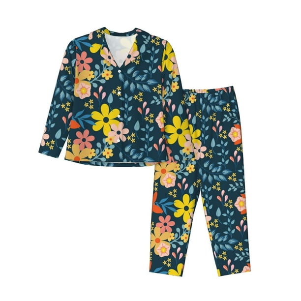 Balery Blue Floral Conjunto de Pijama con Estampado para Mujer, Conjunto de Dos Piezas con Manga Larga, Ropa de Dormir Suave con Bolsillos, Pijamas Cómodos-Large