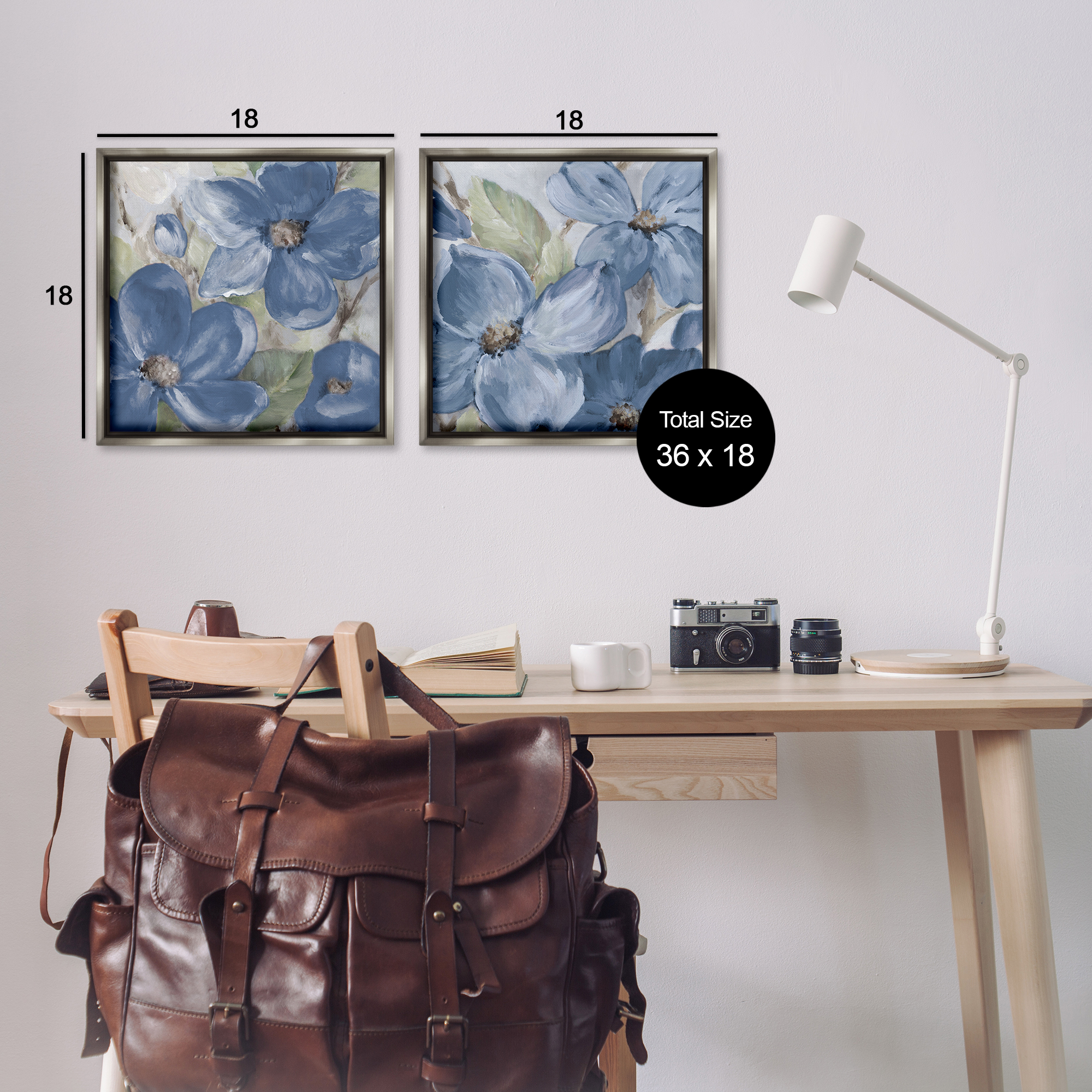 Stupell Industries Blue Blooming Petals Plants & Flowers Painting Gray Floater Framed Canvas Art Print Wall Art, 18 x 18, Set of 2