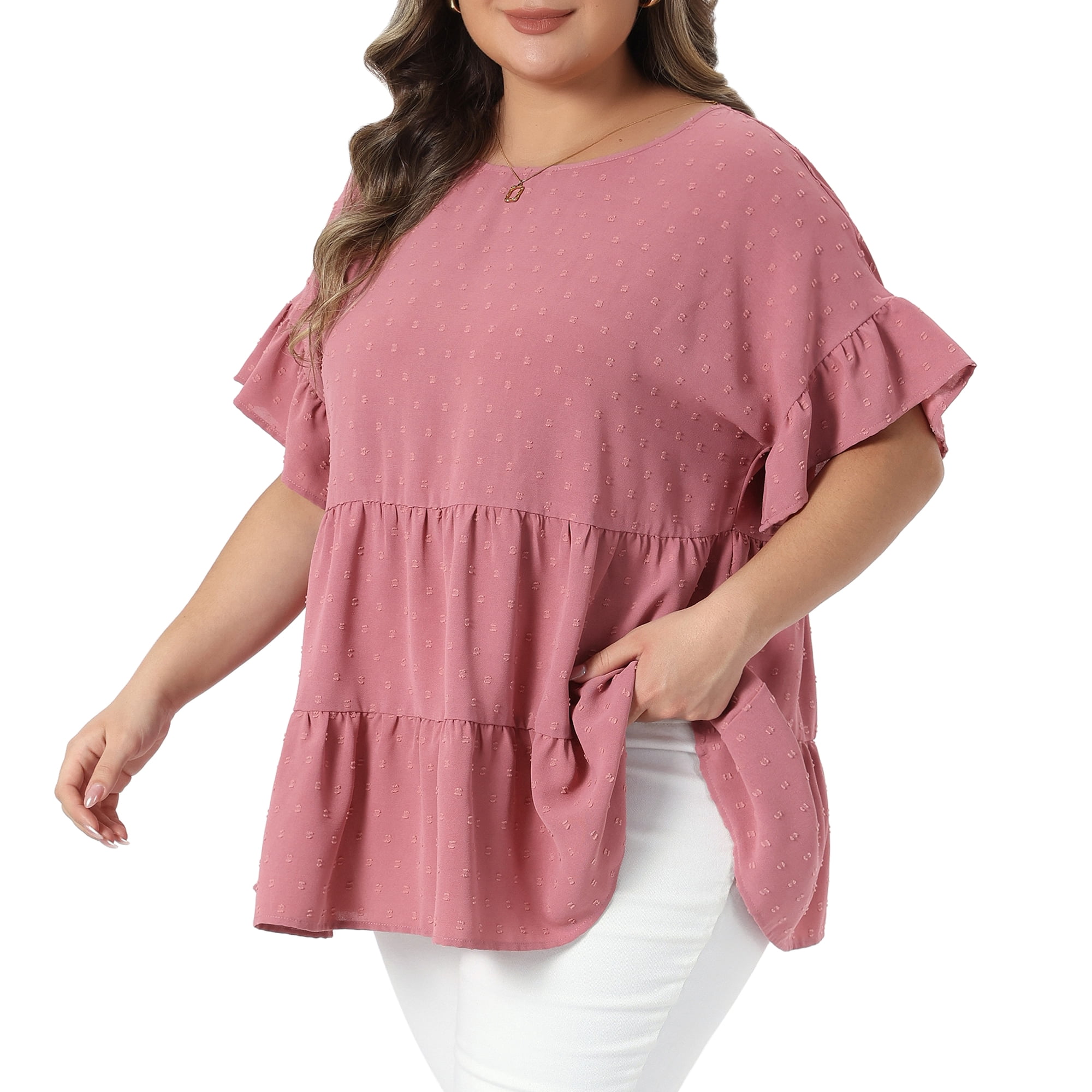 Women's Plus Summer Tops Crew Neck Ruffle Short Sleeve Tiered Swiss Dots Blouses 1X Dark Pink