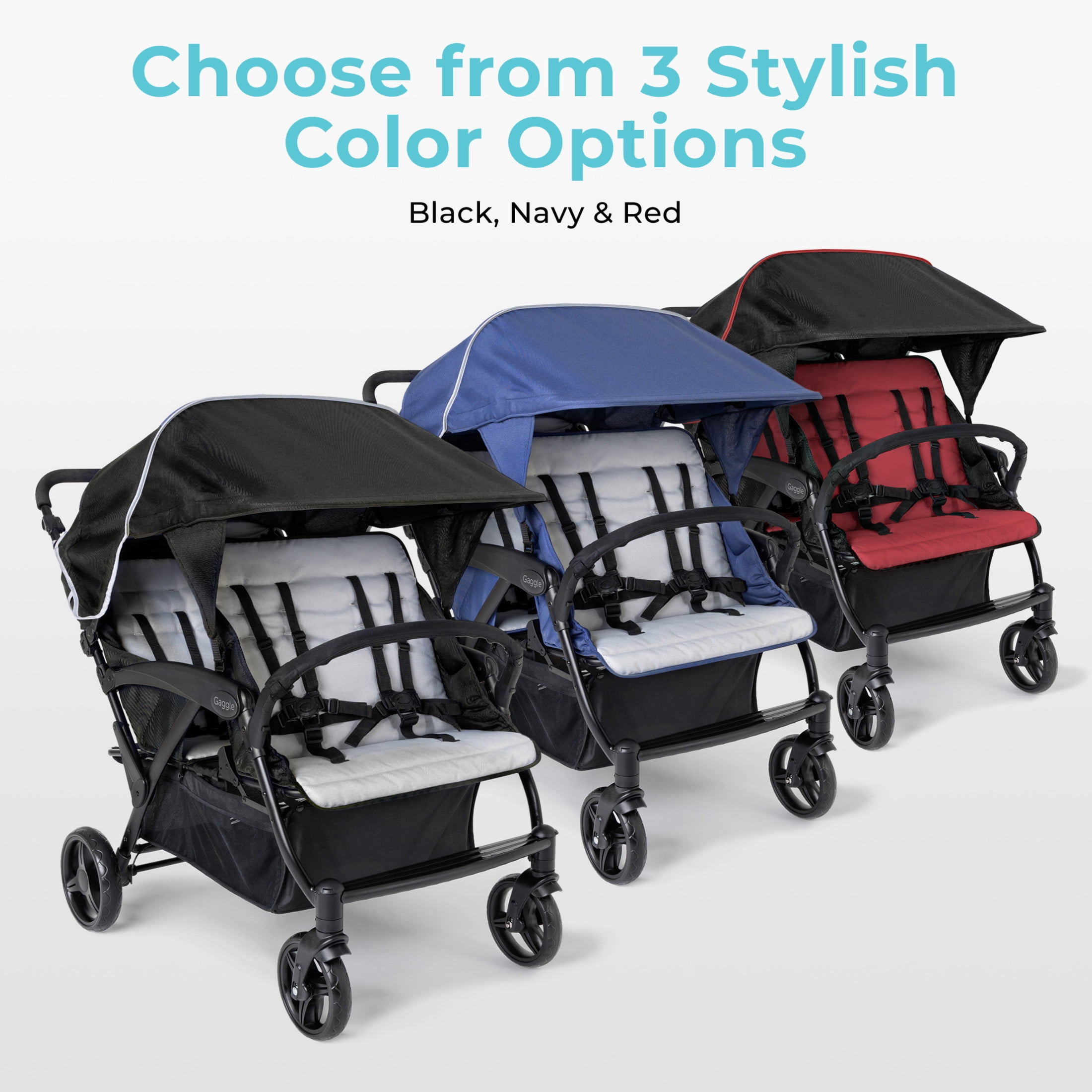 Foundations Gaggle Odyssey 4-Seat Quad Stroller, Reclining Bench Seats with Canopy, Red/Black​