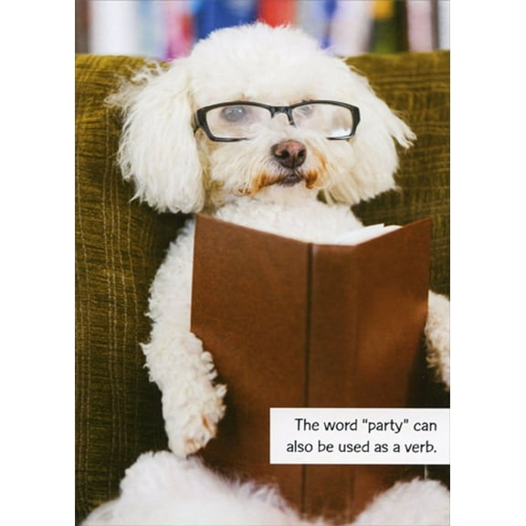 Designer Greetings White Dog with Glasses Reading Brown Book Funny / Humorous Feminine Birthday Card for Her : Woman : Women
