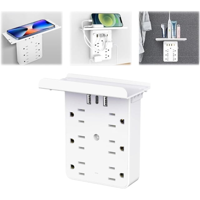 Multi-Functional Power Strip with Panel, Wall Outlet Extender with Shelf, 9-in-1 Surge Protector with 6 AC Outlets, USB-A & USB-C, Night Light for Home, Office, Dorm, Travel (1PC)