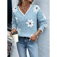 thumbnail image 4 of Female Oversized V Neck Fuzzy Sweaters Casual Loose Long Sleeve Chunky Knit Pullover Jumper Tops Light Blue M, 4 of 9