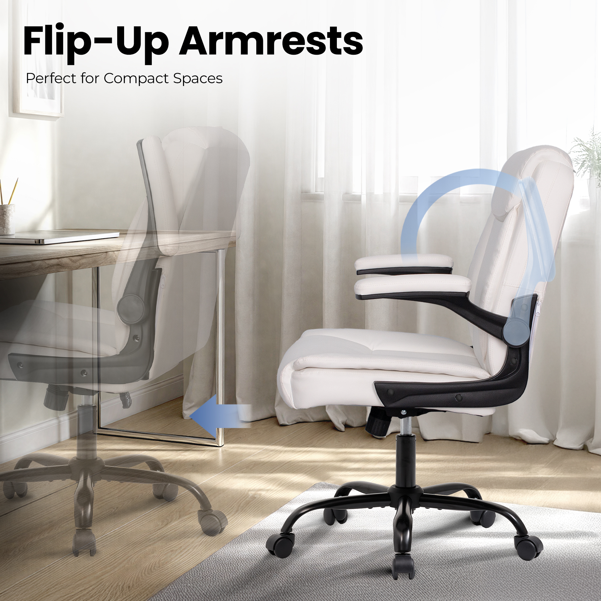 CELTOSS Leather Office Chair, Ergonomic White Executive Chair with Padded Flip-Up Armrests, Mid-Back PU Computer Desk Chair, White