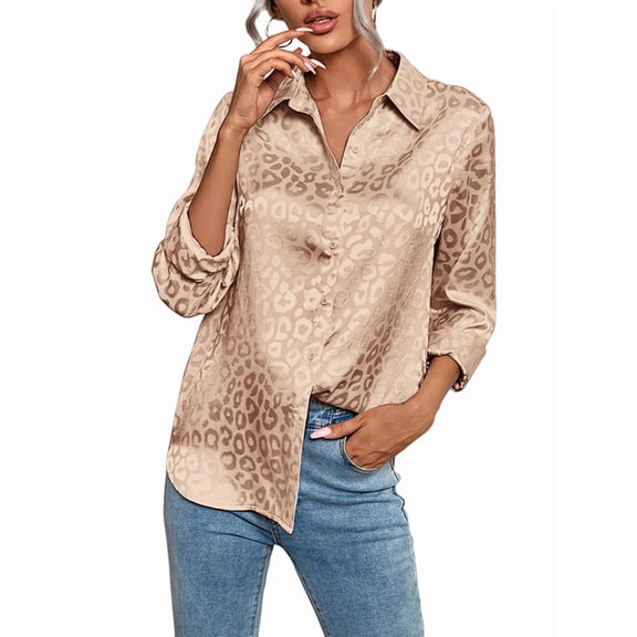 Womens Soft Satin Silk Leopard Button Down Shirts for Women Silky Long Sleeve Work Shirt Dress Blouses Tops Khaki L