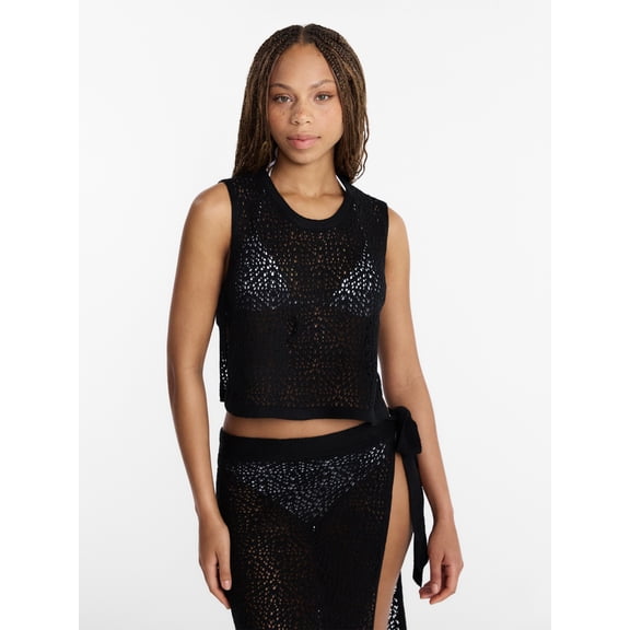 No Boundaries Cropped Crochet Knit Poncho with Side Ties, Women's