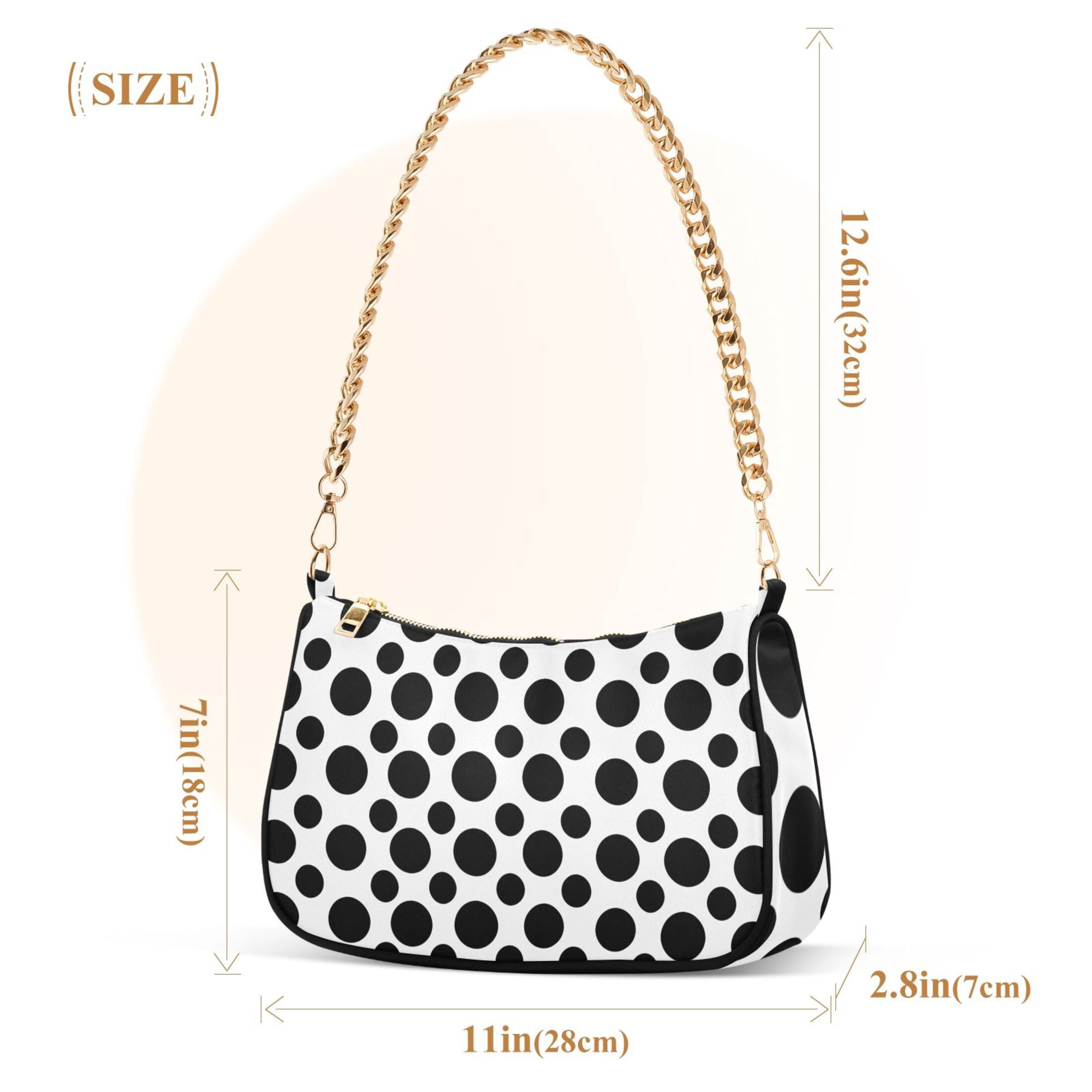 Womens Chain Shoulder Bag Black Polka Dots on White Classic Tote Handbags Fashion Clutch Hobo Purse with Zipper for Travel Casual
