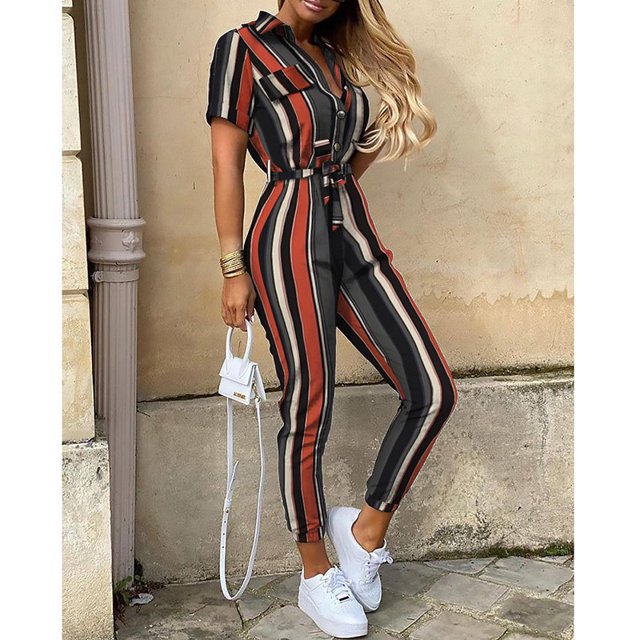 Women's Trousers Casual Lapel Button Button Printed Belt Cargo Jumpsuit