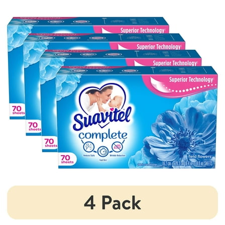 (4 pack) Suavitel Complete Dryer Sheets, Fabric Conditioner, Field Flowers, 70 Sheets
