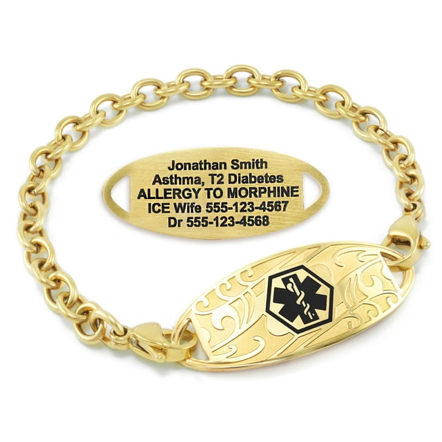 MedicEngraved Yellow Gold Stainless Steel Custom Medical Alert Bracelet - 5mm Oval Link