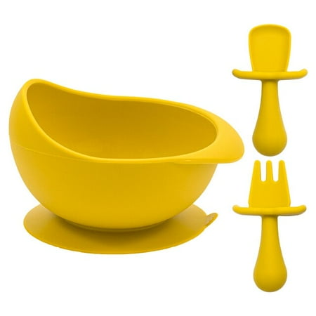 

QWZNDZG 2022 New Design Children Silicone Tableware Sucker Bowl Mini Fork Spoon Curved Bowl BPA Freebaby Training Ability To Eat