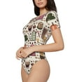 thumbnail image 2 of KLL Women 's Crew Neck Bodysuit Jumpsuits Vintage Coffee Print Short onesies Stretch T Shirts, 2 of 7