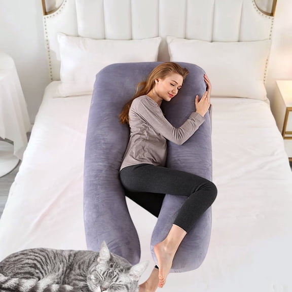 U-Shape Ergonomic Body Pillow for Adults, Maternity Must-Have for Sleeping & Back Support, Pregnancy Essentials with Machine-Washable Gray Cover