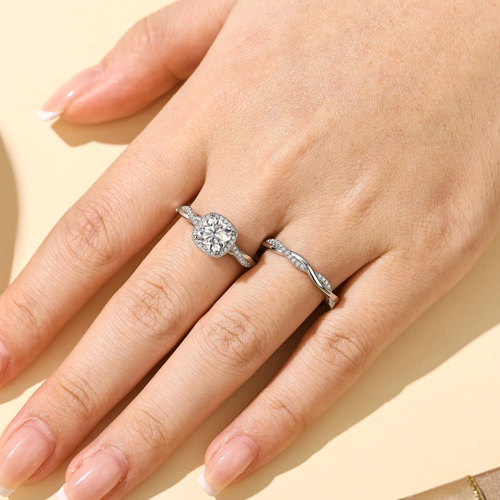 Newshe Jewellery 2.5 Carat Moissanite Wedding Ring Sets Twisted Band Cushion Round Infinity Bridal Rings for Women Size 6