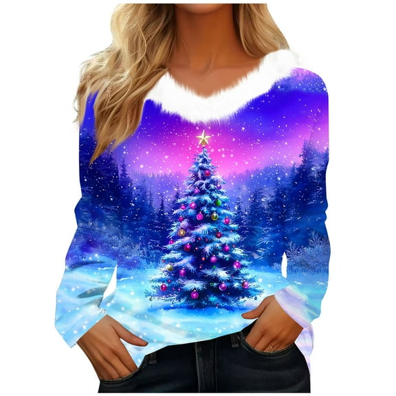 Womens Christmas Tops Faux Fur Trim V Neck Shirt Xmas Tree Print Long Sleeve Pullover Tops Vacation Outfits for Women