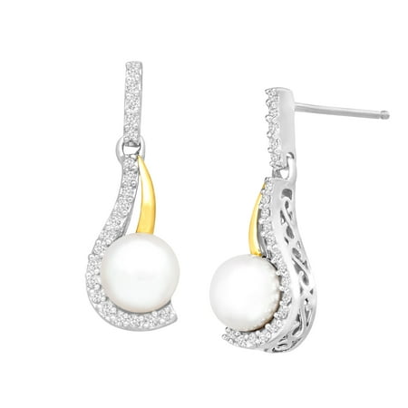 Duet Freshwater Pearl Drop Earrings with Diamonds in Sterling Silver and 14kt Gold
