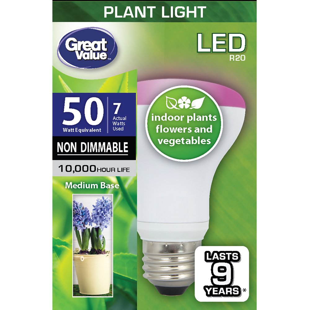 Great Value LED Light Bulb, 7 Watts (50W Equivalent) R20 Grow Light
