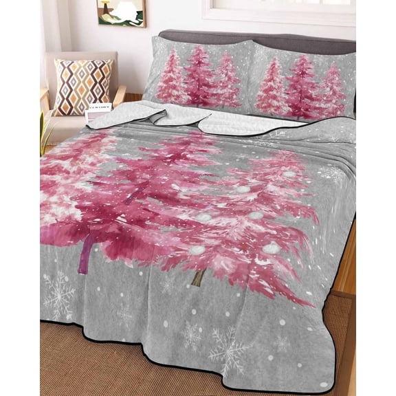 Grey Pink Christmas King Size Down Alternative Comforter, Lightweight Comforter Quilt Bedding Set with Pillow Shams Xmas Tree Snowflake Winter All Seasons Bed Comforter Duvet Insert 96"x106"