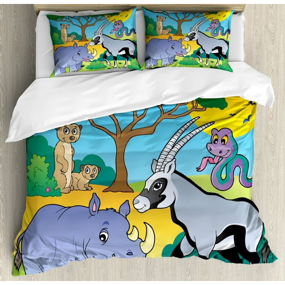 Animal Duvet Cover Set Queen Size, Cartoon Image of Savannah Organisms Fauna Rhino Antelope Snake and Meerkat Print, Decorative 3 Piece Bedding Set with 2 Pillow Shams, Multicolor, by Ambesonne