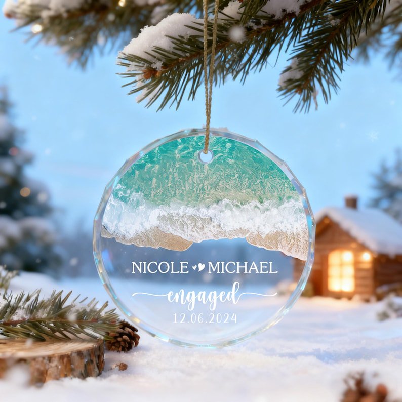 Custom Couple Engagement Glass Ornament with Custom Names & Romantic Design, Engagement Gift, Proposal Keepsake & Christmas Tree Decor for Couples, Partners, Wedding Planning or Holiday Celebrations