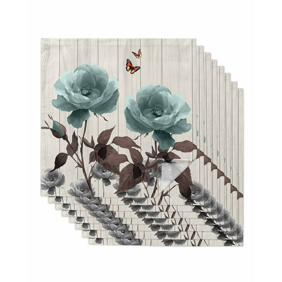 nqOlkjepod Teal Flowers Cloth Napkins Set of 8 Reusable Dinner Napkins, Farmhouse Florals Butterfly Wooden Grain Cocktail Napkin Washable Table Napkins for Wedding/Holiday Party/Baby Shower 20"x20"