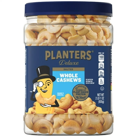PLANTERS Deluxe Salted Whole Cashews, Party Snacks, Plant Based Protein, 33 oz Plastic Jar