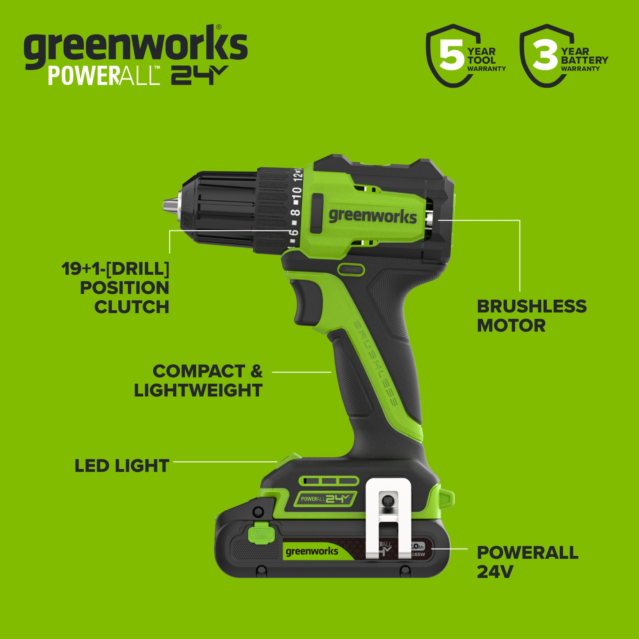 Taladro atornillador Greenworks PowerAll 24V sin escobillas de 3/8 pulgadas con batería de 2Ah y herramientas manuales, PK301A1 6