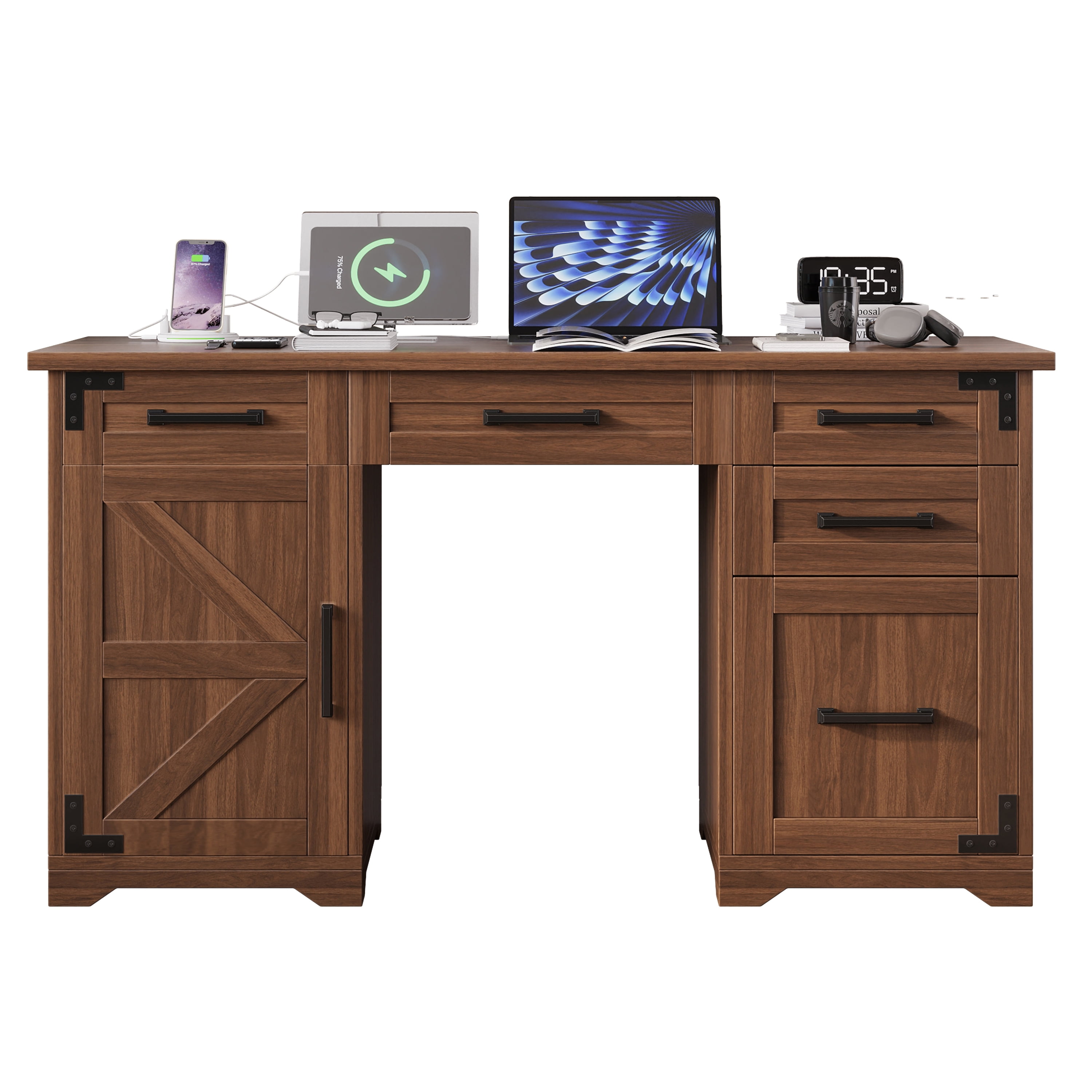 Mintazer 55" Farmhouse Executive Desk with Charging Station & Storage Cabinets, Computer Desk with 5 Drawer for Home Office, Walnut