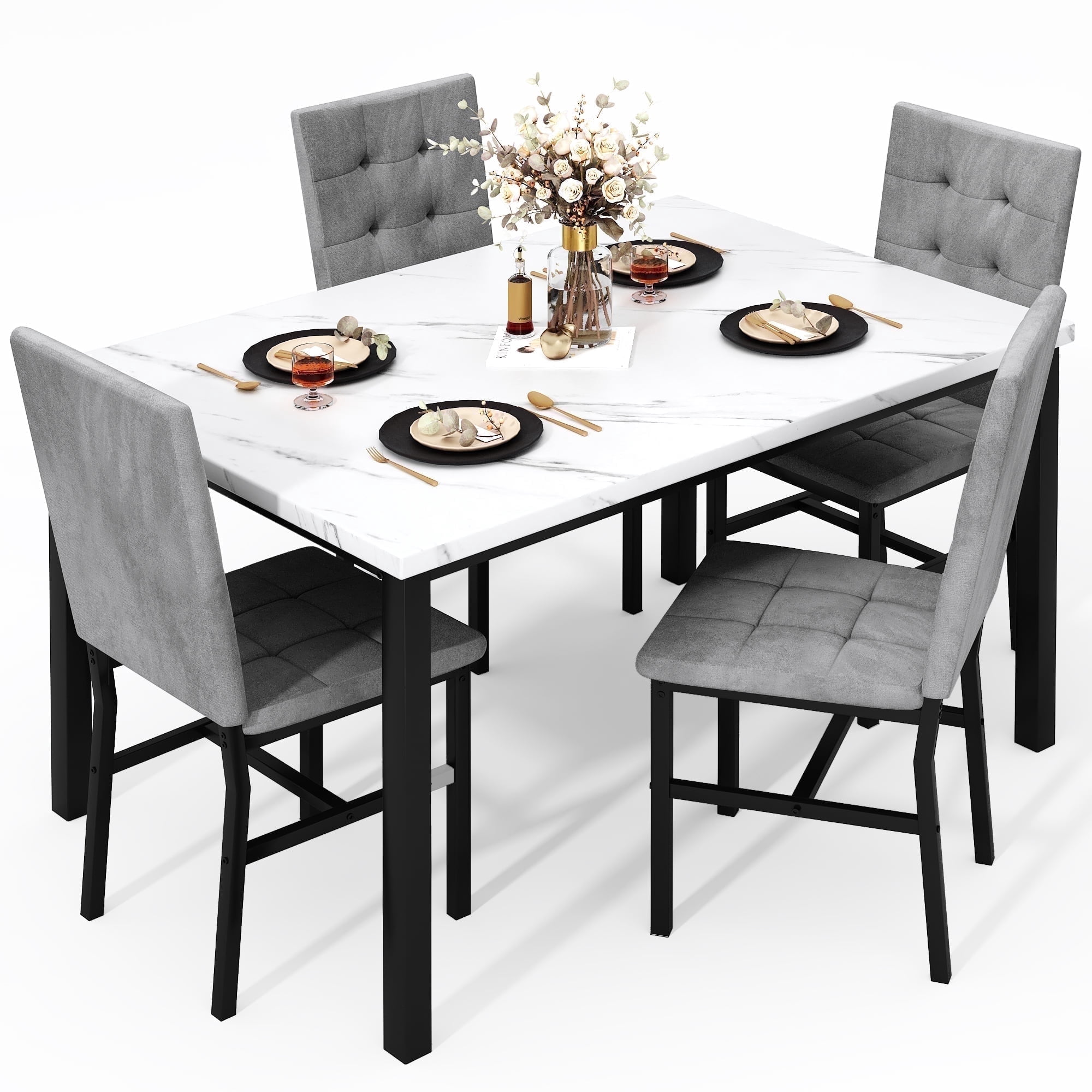Baxluxe 4-Person Dining Table Set for 4, 5 Pieces Faux Marble Kitchen Table and Chairs Set, Rectangle Dining Table with 4 Tufted Velvet Dining Chairs, Modern Dinette Set for Breakfast Nook, Gray
