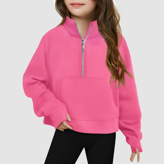 CCRFTGI Sweatshirt for Girls Oversized for Children Half Zipper Cropped Sweatshirt Long Sleeve Comfort Soft Pullover Tops Thumb Hole Hot Pink 6-7Years