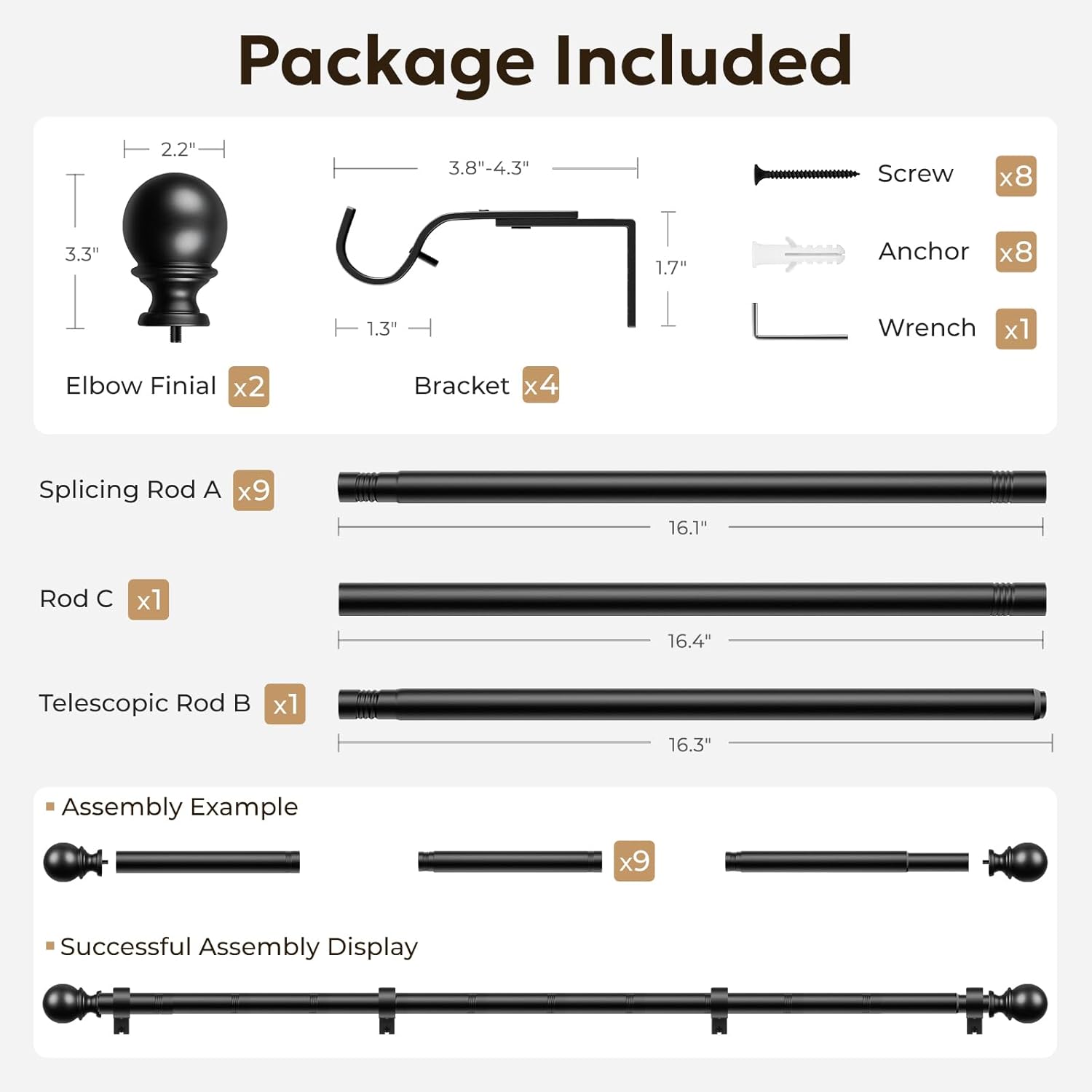 Heavy Duty Adjustable 1-Inch Black Curtain Rod, 144-168 inches, Room Divider
