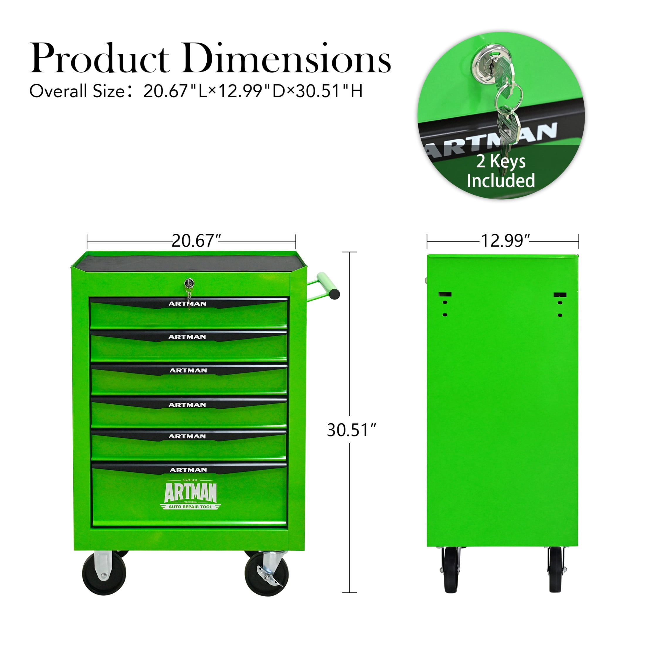Noble House 6-Drawer Mobile Steel Tool Organizer with Key Lock, Ball Bearing Slide Storage Cabinet Box, Green