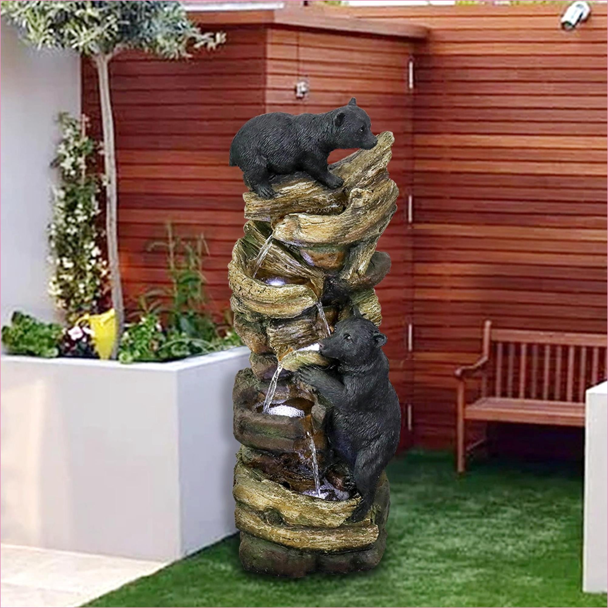 Fountains 39.3" H 5-Tier Nature Outdoor Fountain for Patio Lawn Garden, with LED Lights | Tan Brown | Resin