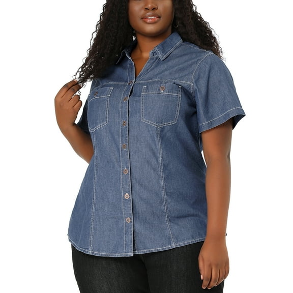DARING DIVA Women's Plus Blouse Chest Pocket Button Down Demin Shirt 4X Blue