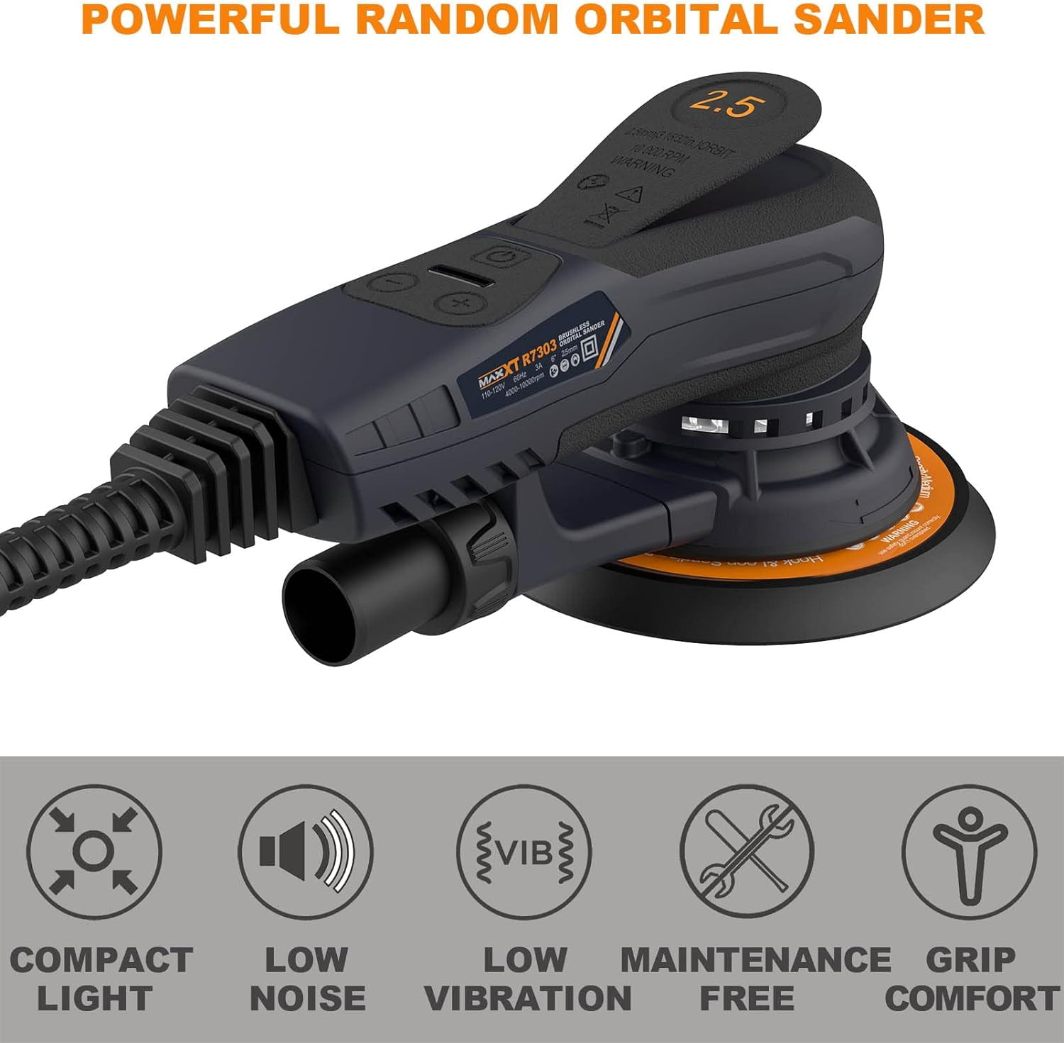 MAXXT Brushless Random Orbital Sander 2.5mm, 350W Variable Speed Corded with 10 Discs
