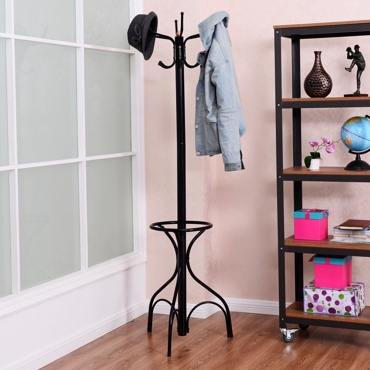 Shoze Coat Stand Hat Clothes Umbrella Hanger Rack Wood Vintage Style Hook Standing Hallway Furniture For Room Office White 