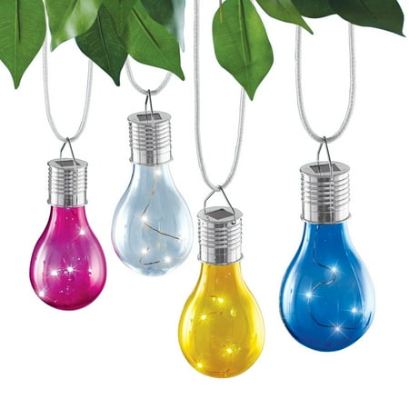 Multicolor Solar Powered Light Bulb Outdoor Hanging Lanterns, Set of