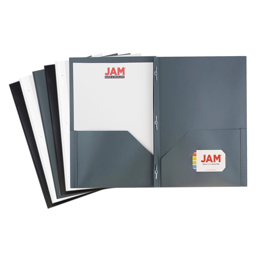 JAM Plastic 2 Pocket School POP Folders with Metal Prongs Fastener Clasps, Assorted Business Colors, 6/Pack