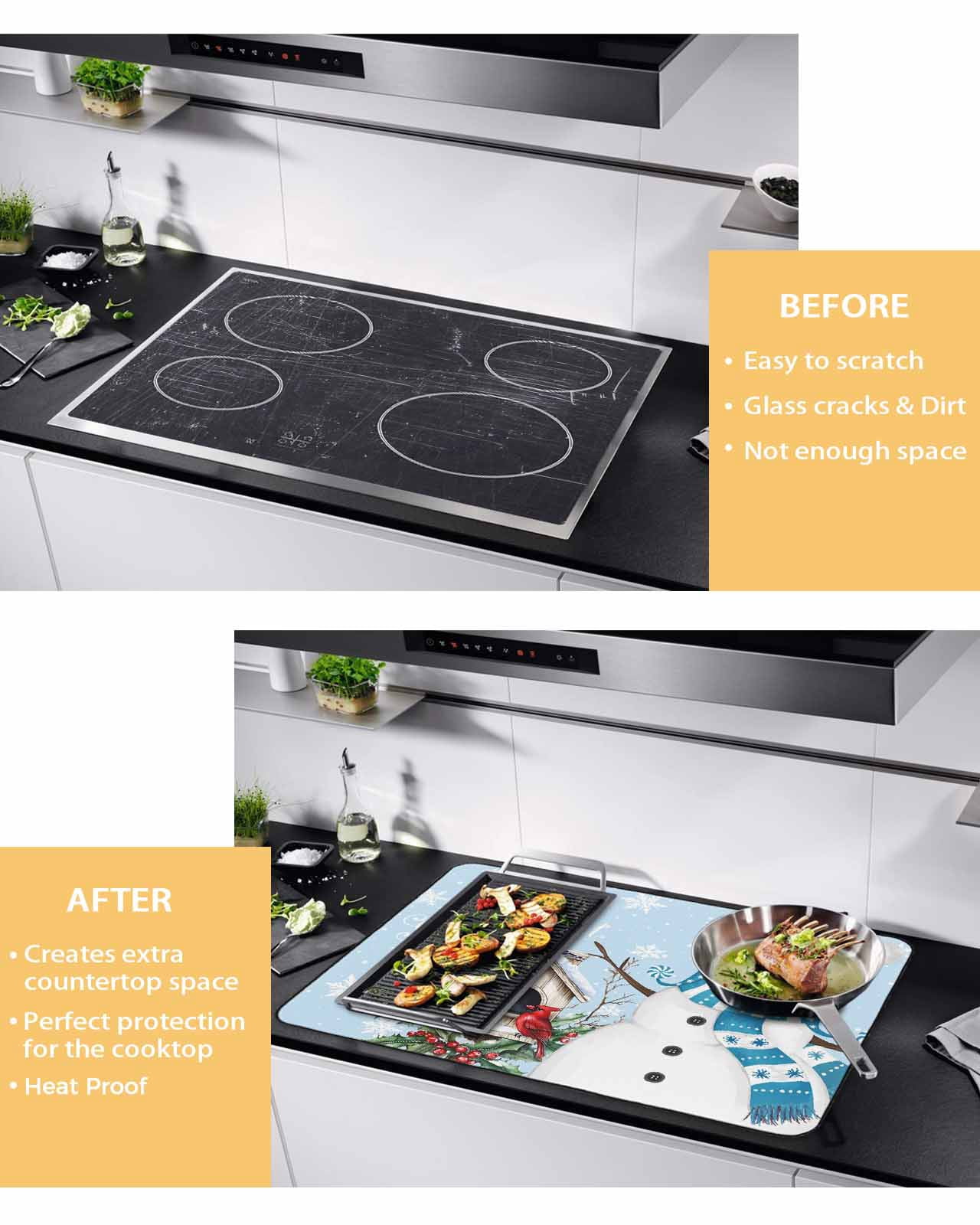 Large Induction Cooktop Protector Mat Blue Snowman Christmas Stove Top Covers for Electric Stove, Xmas Snowflake Birds Berry Winter Decorative Stove Burner Cover Mats, Glass Top Stove Cover