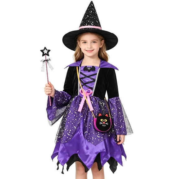 Ulitacool Halloween Dress For Girls Long Sleeve Sundress Cartoon Pattern O Neck Hallowmas Classic Daily Wear 4-6 Years Purple